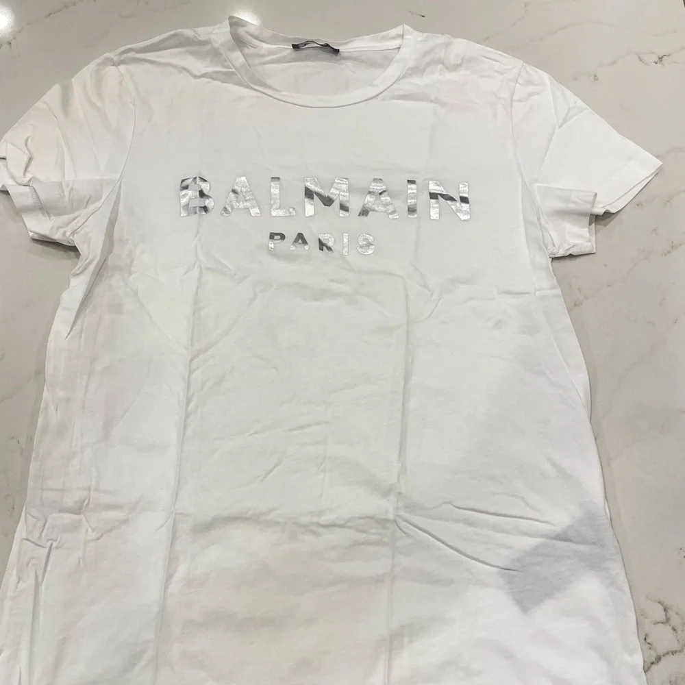 Balmain White Tee with Navy Tag - Picture 2 of 4